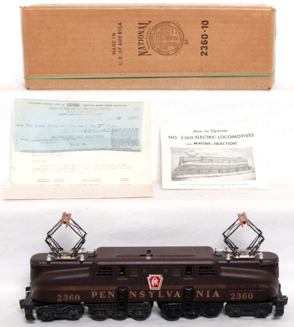 Nice Lionel 2360 Pennsylvania GG1, OB: Lionel 2360 single stripe GG1, great decals, heat stamped variation, C7-8. Includes 2360-10 National type OB dated 57, instructions, C8. Also with the lot is an original invoice from the Hobby House i
