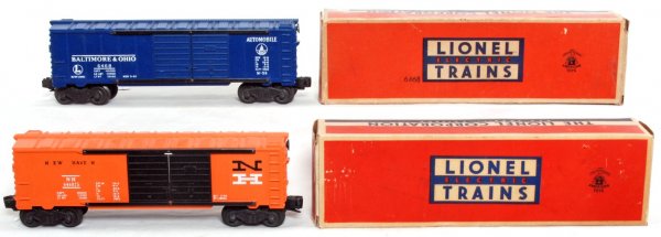Lionel 6468 B&O and 6468-25 N.H. auto cars in OB: Lionel 6468 Baltimore & Ohio and 6468-25 New Haven automobile cars in original boxes, C8-9. OB are C8 area.