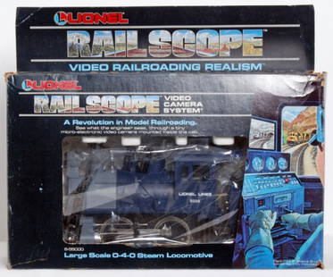 Lionel 55000 Large Scale 0-4-0 Rail Scope loco: Lionel 8-55000 Large Scale 0-4-0 Rail Scope steam loco in original box, looks better but graded C8 due to having been run. Box shows moderate wear, price sticker.