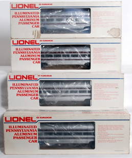 Lionel 9571, 9572, 9574, 9575 aluminum passenger: Lionel Pennsylvania aluminum passenger cars in original boxes, 9571 William Penn, 9572 Molly Pitcher, 9574 Alexander Hamilton and 9575 Thomas A. Edison C8-9. Boxes show light to mild wear, price