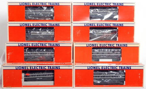 Eight Lionel aluminum passenger cars in OB: Eight Lionel aluminum passenger cars in original boxes, C6-8 7207 20th Century dining car, 9594 baggage, 9595 combo, two 9596 Hudson River Pullman coaches one in a 9597 OB missing correct styrofoam