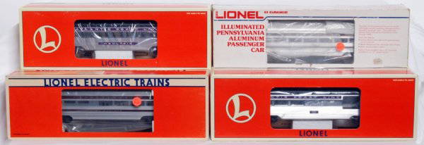 Lionel 19157, 9575, 7208, 191554 alum. passengers: Lionel 19157 Atlantic Coast Line Moultrie coach, 9575 Pennsylvania Thomas A. Edison coach, 7208 Pennsylvania John Hancock dining and 19155 Atlantic Coast Line No. 101 combination, aluminum passenger