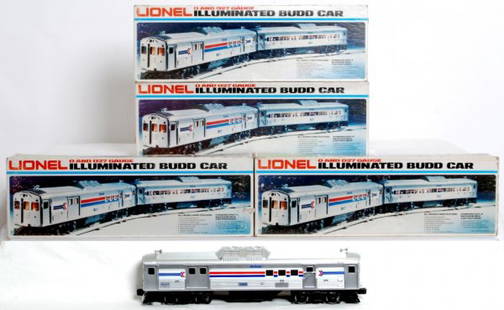 Lionel 8868, 8869, 8870, 8871 Amtrak RDC cars: Lionel 8868, 8869, 8870, 8871 Amtrak RDC BUDD cars in original boxes, C8-9. Boxes show light wear and price stickers.