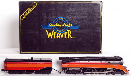 Weaver brass Southern Pacific GS-2 4-8-4 in OB: Weaver brass Southern Pacific GS-2 4-8-4 Daylight in original box, C8-9. Box shows light wear/tears, price sticker.
