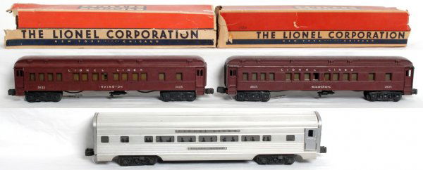Lionel 2534, 2625, 2526 passenger cars, some OB: Lionel 2534 Silver Bluff aluminum passenger coach in worn OB, 2625 Madison passenger coach and 2625 Irvington passenger coach in worn OB. 2534 has repro rivets and has been rewired. Cars look C6-7.