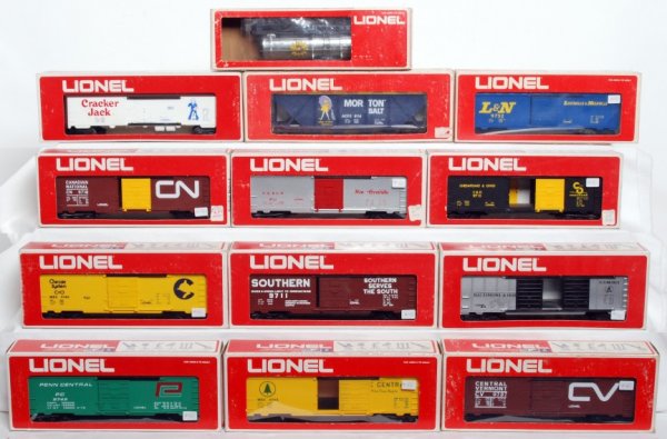 Thirteen Lionel freight cars in original boxes: Thirteen Lionel freight cars in original boxes, C7-9. Boxes show little to light wear. 9114 Morton Salt hopper, 9711 Southern boxcar, 9701 Baltimore and Ohio double door automobile car, 9753 Maine Cen