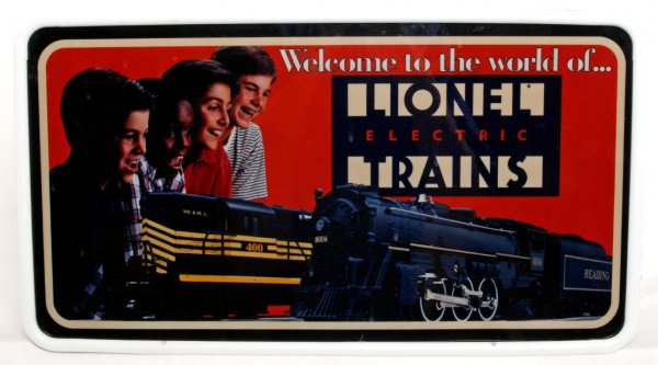 Lionel 65930 lighted display sign w/OB: Lionel 65930 dealer style lighted display sign in original box, sign lights and should clean to look C8-9. Box shows a little light wear.