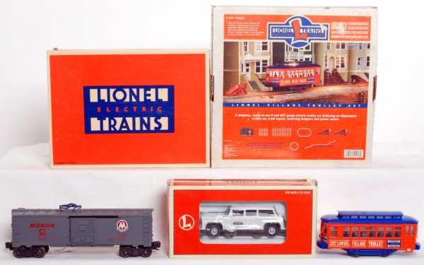 Lionel 21916 trolley, 18430 crew, 19811 brakeman: Lionel 21916 Lionel Village trolley set, 18430 New York Central crew car, 19811 Monon operating brakeman car, C8-9 in original boxes. Boxes show a little very light wear.
