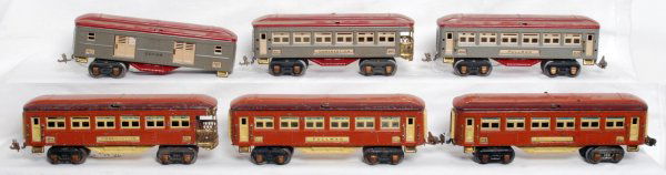 Six Lionel prewar O gauge passenger cars: Six Lionel prewar O gauge passenger cars. Two 613 Pullman coaches (one missing a coupler), 614 observation, 600 Pullman coach (missing five hand grabs), 601 observation (missing all hand grabs) and 60
