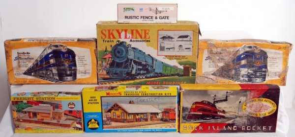 Lot of HO trains, kits, accessories, etc.: Lot of HO gauge trains, kits, accessories, etc. AHM: 5846:398 freight station kit. Strom Becker: two R210 The Baltimore and Ohio Colombian scale model streamline train, kits and No. 1937 Rock Island R