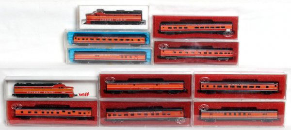 Southern Pacific Alcos & passenger cars, N scale: Two N scale Southern Pacific Alco diesel A units and nine N scale Southern Pacific passenger cars, C8-10. All are in original boxes/packages, except one of the locos.