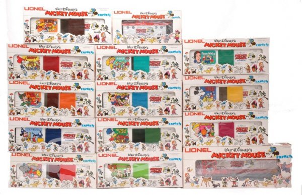 Lionel Disney Mickey Mouse Express Set MINT Boxed: Lionel Walt Disney Mickey Mouse Express freight set including; 8773 U 36B diesel, 9183 caboose, 9660 Mickey Mouse, 9661 Goofy, 9662 Donald Duck, 9663 Dumbo, 9664 Cinderella, 9665 Peter Pan, 9666 Pinoc