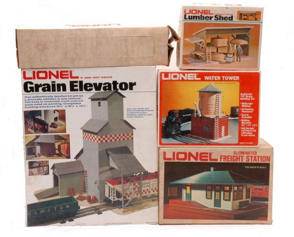 Lionel Original Boxes ONLY 2133 2720 2789 2796: Lionel original boxes only for the following accessories; 2133 freight station, 2720 lumber shed, 2789 water tower and 2796 grain elevator, Also included is an original box only for 8030 Illinois Cent