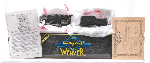 Weaver 2-Rail PRR 0-6-0 Switcher MINT Boxed: Weaver 3-rail Pennsylvania 0-6-0 switcher numbered 7011 with tender in OB with certificate of authenticity numbered 182 of 250 total pieces. Loco and tender are C9.