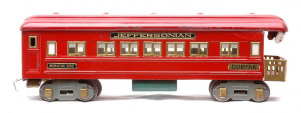 AF Red Jeffersonian Observation w/Dorfan Plates: American Flyer prewar O gauge red observation car with Jeffersonian brass plate and DORFAN brass plates on both sides. The air tanks on the base of the car are stamped 3382. The roof is C6 and car bod