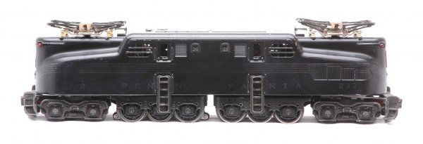 Lionel 2332 Pennsylvania Black GG-1 Diesel: Lionel postwar 2332 Pennsylvania black GG-1 diesel version with rubber-stamped Keystone and silver stripes. Lettering and stripes are worn, C6.