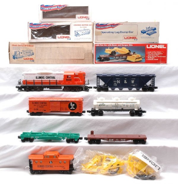 Lionel Cross Country Express Set 6-1186: Lionel Cross Country Express freight set no. 6-1186 in OBs including; 8030 Illinois Central GP-9 diesel, 9250 white General Mills Chemicals three dome tank, 9121 L & N flatcar with dozer and scraper k
