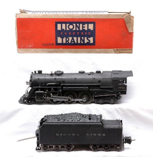 Lionel 226E Steam 2-6-4 Loco w/2226W Tender: Lionel prewar O gauge 226E black 2-6-4 steam loco with a 2226W tender. The loco and tender are C7. The tender has a worn OB with no end flaps.