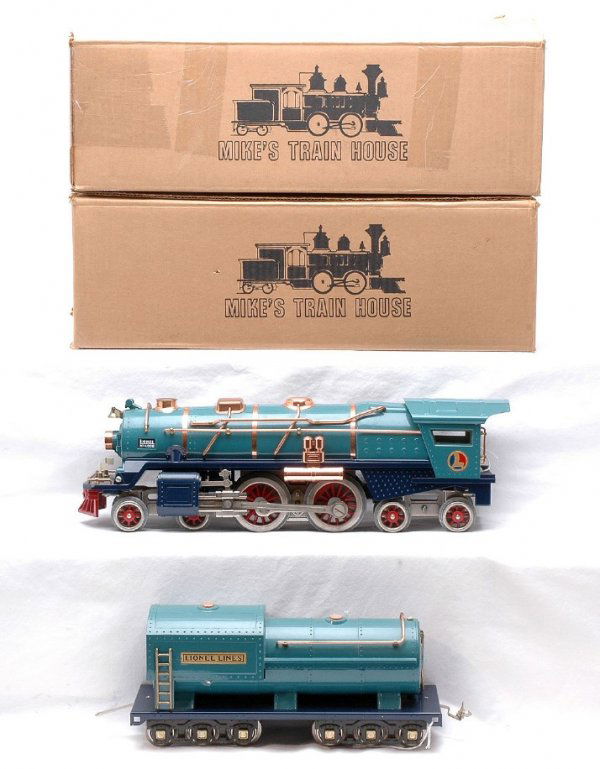 MTH Repro 400E Blue Comet Loco 400T Tender OBs: MTH reproduction of a Lionel prewar standard gauge 400E Blue Comet 4-4-4 steam loco and 400T tender in OBs. The loco and tender have brass trim and are C8.