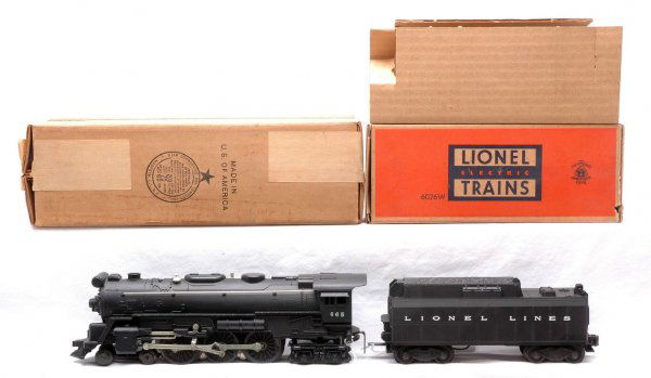 Lionel 665 Black Steam Loco 6026W Tender LN OBs: Lionel postwar 665 black steam 4-6-4 loco with a 6026W tender both in OBs. The tender has an original cardboard insert. The loco has light run time and the tender has been test run. The paint on loco