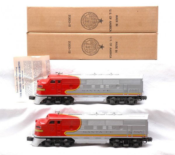 Lionel 2383 Santa Fe F3 AA Diesels MINT OBs: Lionel postwar 2383P/2383T Santa Fe F3 AA diesels in OBs with instruction sheet. The power A unit has been test run and the dummy A unit has never been run. The red and the silver on the diesels are b