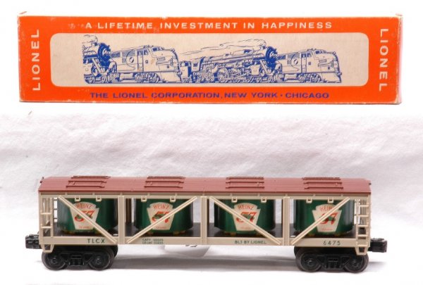 Lionel 6475 Heinz 57 Pickle Vat Car LN Boxed: Unusual Lionel postwar 6475 Heinz 57 pickle vat car in OB. In 1965 Joe Ranker, a dealer, produced Heinz 57 labels and attached them to the vats. He released a limited production of the cars and this v