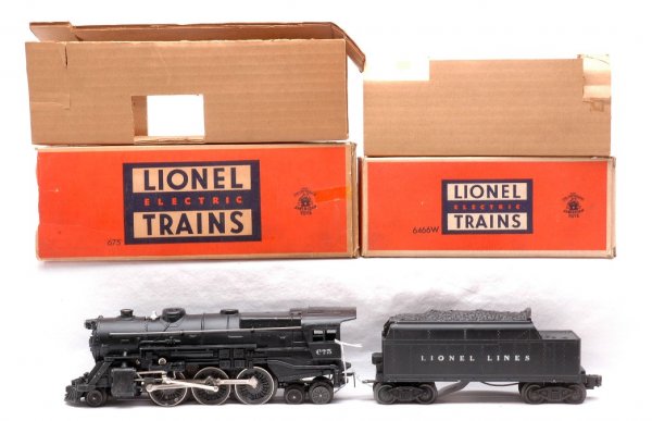 Lionel 675 Black Steam Loco 6466W Tender LN OBs: Lionel postwar 675 black 2-6-4 steam loco and a 6466W whistle tender both in OBs with original cardboard inserts. The loco and tender have light run time, C8. The loco OB is missing all flaps on one e