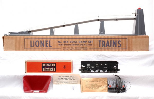 Lionel 456 Dark Gray Coal Ramp Set 3456 LN OBs: Lionel postwar 456 dark gray coal ramp set in OB with original cardboard insert, packet, tray, 456C controller, instruction sheet and 3456 operating Norfolk & Western black hopper car in individual OB