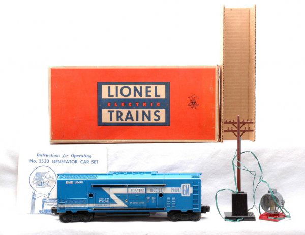 Lionel 3530 Operating Generator Car LN Boxed: Lionel postwar 3530 operating generator car in OB with black fuel tank, original cardboard insert, instruction sheet, telegraph pole and searchlight. The car is C8. The OB has all flaps attached and s