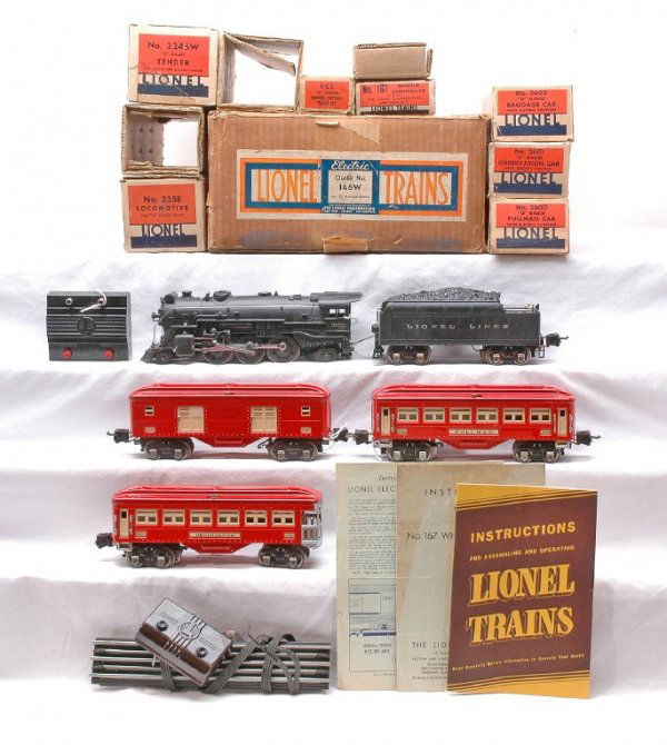 Lionel Passenger Outfit No. 146W LIKE NEW Boxed: Lionel prewar O gauge passenger outfit no. 146W, circa 1939 containing; 225 black steam 2-6-2 loco with two original cardboard inserts, 2245W tender with two original cardboard inserts, 2602 baggage,