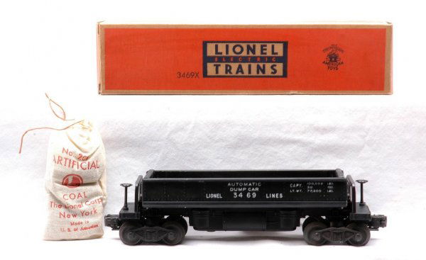 Lionel 3469X Automatic Dump Car MINT Boxed: Lionel postwar 3469X automatic dump car in OB with a 207 bag of coal. The car is factory new and has never been run, C10. The OB is square with all flaps attached, C9.