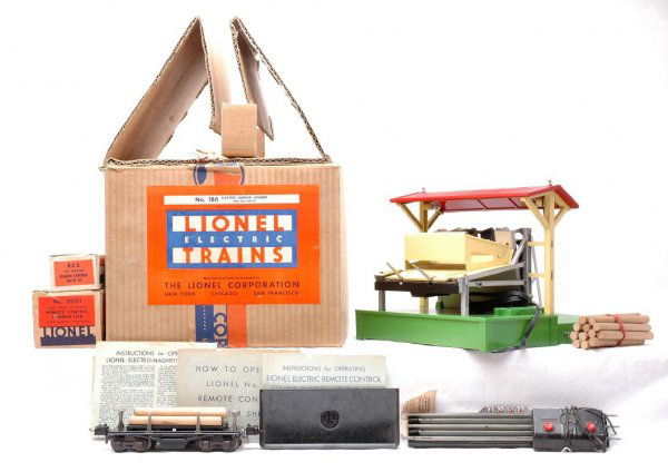 Lionel 186 Lumber Loader and Car Outfit Boxed: Lionel prewar O gauge No. 186 electric lumber loader and car outfit in OBs including 186 loader with controller, 3651 remote control lumber car, 160 bin, logs, RCS track set. inspection tag and instru