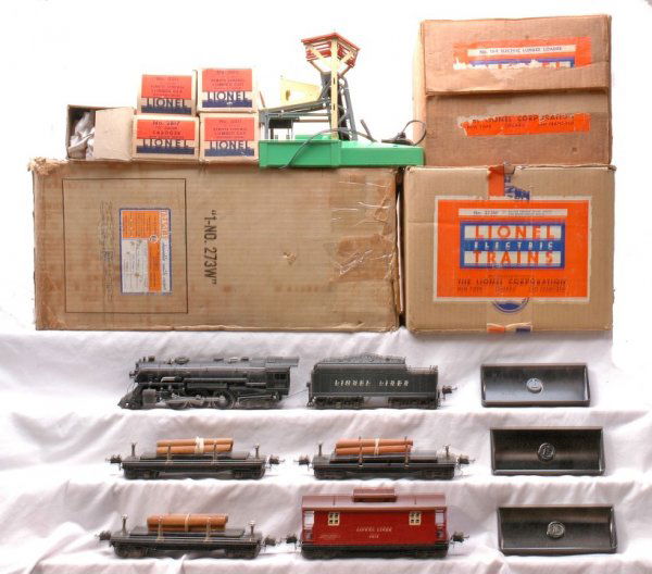 Lionel 273W Set Like New OB Shipping Carton: Lionel prewar O gauge outfit no. 273W, circa 1940 freight train outfit in individual OBs with set box and outer shipping carton containing; 226E black steam loco, 2226W tender, three 3811 lumber cars,