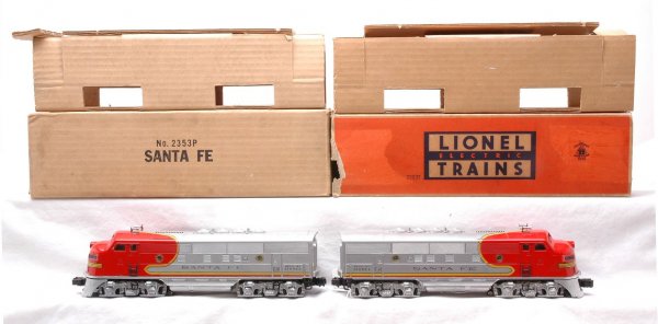 Lionel 2353P/2353T Santa Fe F3 AA Diesels OB: Lionel postwar 2353P/2353T Santa Fe F3 AA diesels in OBs with original cardboard inserts. The 2353 dummy A unit has battery damage on frame and inside on bracket. Other than the battery damage, the di