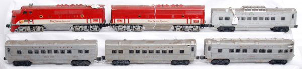 Lionel 2245, 2432, 2435, 2434, 2436: Lionel 2245 MKT The Texas Special F3 A-B units, 2432 Clifton vista dome, 2435 Elizabeth coach, 2434 Newark coach and 2436 Summit observation, passenger cars. Powered unit has a broken plastic step, no