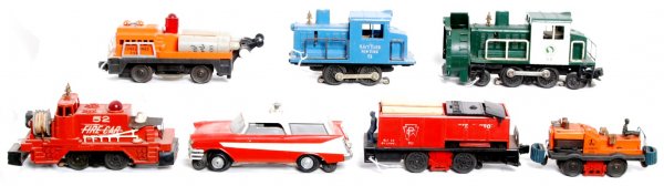 Lionel 50, 52, 68, 5511, 58, 3927, 51: Lionel 50 gang car, 52 fire car, 68 executive inspection car, 5511 tie-jector car, 58 Great Northern rotary snowplow, 3927 track cleaning car, 51 Navy Yard switcher. Please view the photographs for th