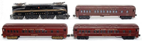 Lionel 2332 PRR GG-1, three Madison cars: Repainted and redecorated postwar Lionel 2332 Pennsylvania GG-1 electric loco with 2627 Madison passenger coach with added marker lights, 2628 Manhattan passenger coach with added marker lights and 26