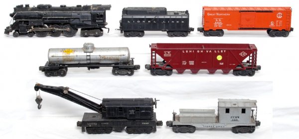 Lionel 2056, tender, tank, 6464-25, 6436-25, 2460: Lionel 2056 loco, whistle tender, Sunoco tank, 6464-25 Great Northern boxcar, 6436-25 crane, 2460 Delaware, Lackawanna and Western work caboose. Please view the photographs for the best description an