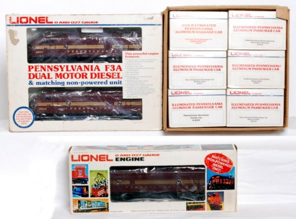 Lionel Pennsylvania F3 A-B-A w/six passengers: Lionel 8970 Pennsylvania F3 A units, 8060 PRR F3 B unit, 9569 Paul Revere aluminum combine, 9570 aluminum REA baggage, 9571 William Penn aluminum passenger coach, 9572 Molly Pitcher aluminum passenger