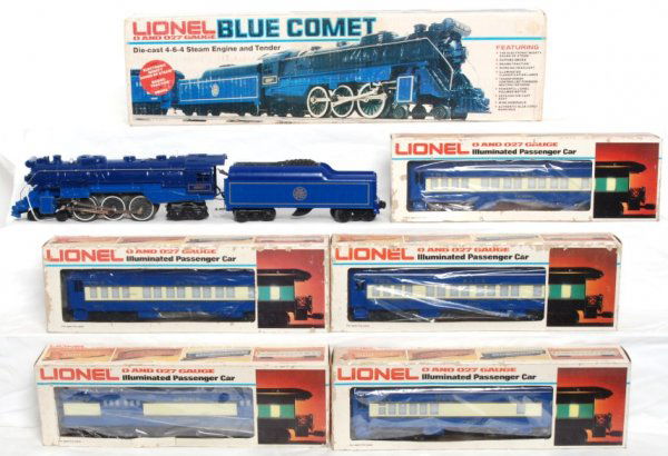 Lionel 8801 Blue Comet loco and 5 passenger cars: Lionel 8801 New Jersey Central Blue Comet 4-6-4 loco and tender with five passenger cars, all in original boxes, C8. Boxes show light to mild wear. 9536 Barnard baggage, 9537 Halley combo, 9538 Faye p