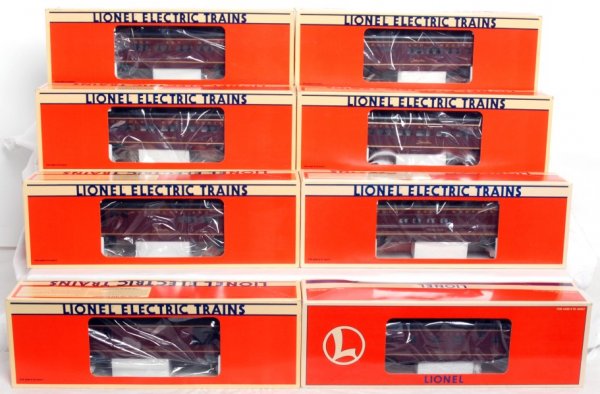 Eight Lionel Norfolk and Western passenger cars: Eight Lionel Norfolk and Western aluminum passenger cars in original boxes, C7-9. 19139 baggage, 19140 combo, 19141 diner, 19142 passenger, 19143 passenger, 19144 observation, 19108 full vista dome an