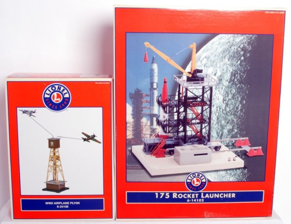 Lionel 24108 and 14102 No. 175 rocket launcher: Lionel 24108 WWII airplane pylon and 14102 No. 175 rocket launcher, in original boxes, C8-9.