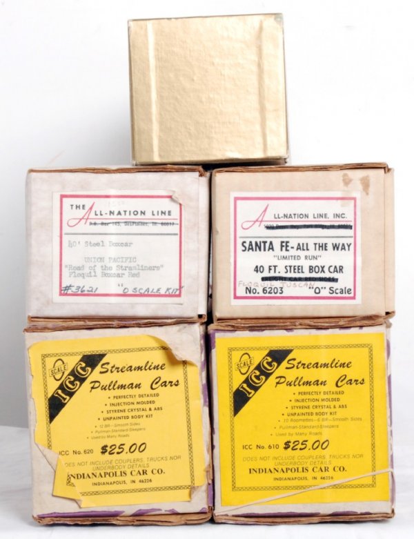 Five O scale model train unbuilt kits in OB