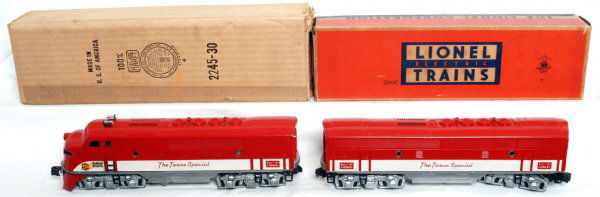 Lionel 2245P and 2245C MKT Texas Special F3: Lionel 2245P and 2245C MKT Texas Special F3 A-B units in original boxes, C7 shells on C6 frames. 2245P box has name written on a front panel. Both boxes have inserts, C7-8 area.