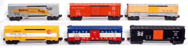 Lionel 6464-275, -500, -100, -425, -650, -25: Lionel 6464-275 Bangor and Aroostook State of Maine, 6464-500 Timken, 6464-100 Western Pacific (missing one catwalk end), 6464-425 half serif New Haven, 6464-650 Denver and Rio Grande Western and 6464