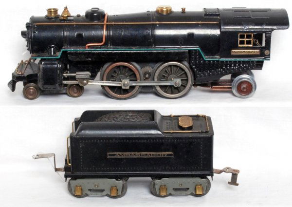 American Flyer W.G. 4692 loco with 4671 tender: American Flyer prewar wide/standard gauge 4692 4-4-2 steam locomotive with No. 4671 Ambassador tender, loco has small touchups, C6 area. Loco has a repro trailing truck.