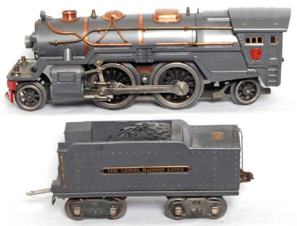 Lionel standard gauge No. 385E loco and tender: Lionel prewar standard gauge No. 385E steam locomotive and tender, repainted to look nice C6-7. Tender shell is starting to have some very minor casting fatigue.