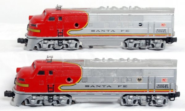 Lionel 2333 Santa Fe F3 AA units: Lionel 2333 Santa Fe F3 AA units, all original, missing a few portholes, high decal variation, strong lettering. Engines are C6 but may grade better with a little cleaning.
