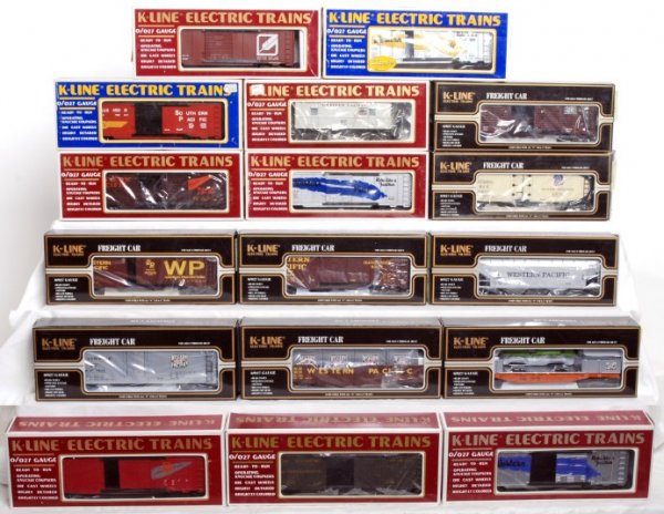 Lot of 17 K-line rolling stock: This lot of K-line rolling stock includes K-645-2171 Western Pacific reefer, 641-2174 W.P. boxcar, 621-2171 W.P. Hopper w/ cover, K-648102 W.P. Boxcar, k6466 W.P. boxcar, 642-2111 Union Pacific reefer