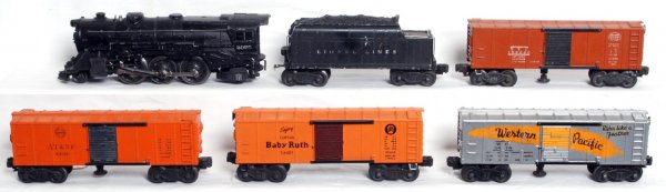 Lionel 2025 loco, 6026W, 3464, 3464, 3474, 2454: Lionel postwar 2025 steam loco slight cab corner ding and 6026W tender, 3464 ATSF operating boxcar, 3464 NYC operating boxcar, 3474 Western Pacific operating boxcar, 2454 PRR Baby Ruth boxcar, trains 